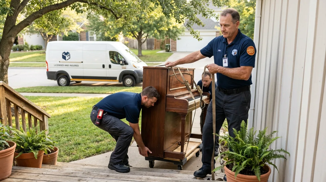 Licensed piano movers securing grand piano in Merrimac, MA
