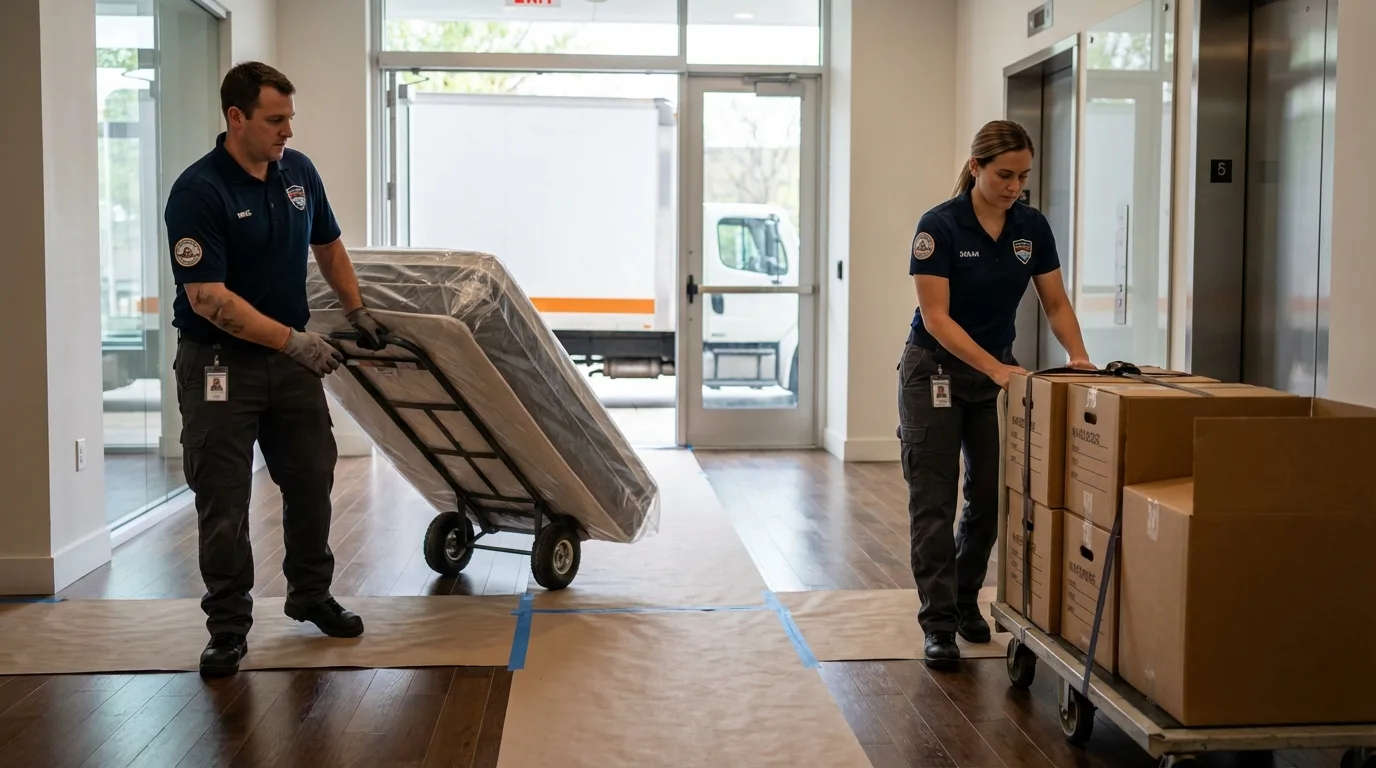 Professional apartment movers loading elevator in Merrimac, MA